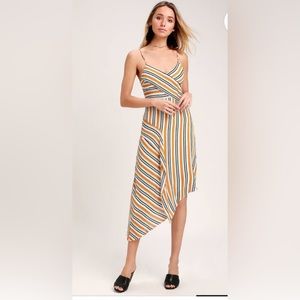 Lulu’s Cape Cove Orange Multi Striped Asymmetrical Dress- Size Small‎